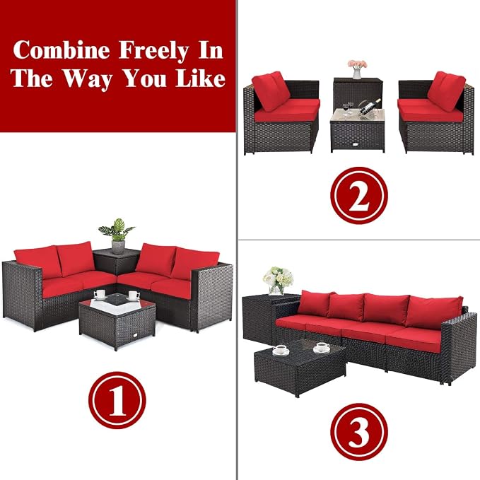 Tangkula 8 Piece Wicker Patio Set with Storage, All Weather-Proof Outdoor Conversation Set, with Loveseat, Glass Top Coffee Table & Storage Box, Suitable for Garden, Poolside, Sunroom (2, Red)