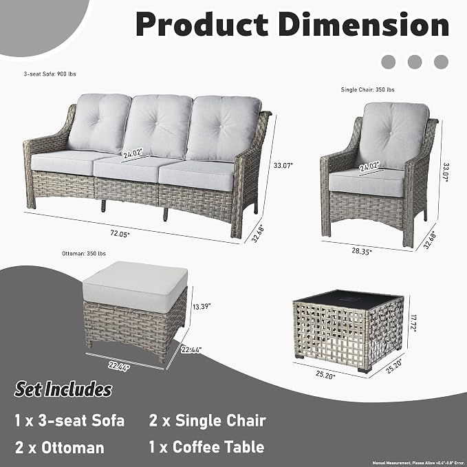 ovios 6 Piece Outdoor Patio Furniture with 3 Seat Sofa,Rattan Wicker Coversation Set with High Back,Sectional Single Sofa with Ottoman for Outside Porch Balcony Backyard Pool, Light Grey