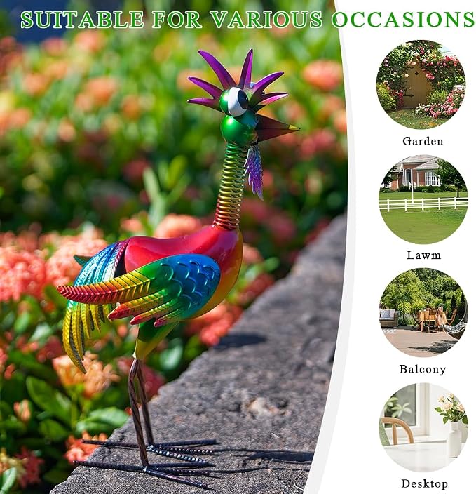 Metal Wacky Rooster Garden Statue for, Patio, Backyard, Lawn | 18'' Rooster Decor, Yard Statue Decorations Outdoor, Chicken Yard Art, Colorful