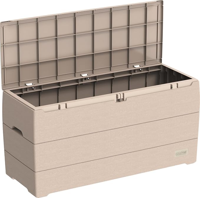 Duramax Cedargrain Durabox 270 Litre/ 71 Gallons plastic storage box, Outdoor Deck Garden Furniture Organizer, Lockable Lid, Plastic Cushion Box with Wheels and Handles, Patio Box, Warm Taupe