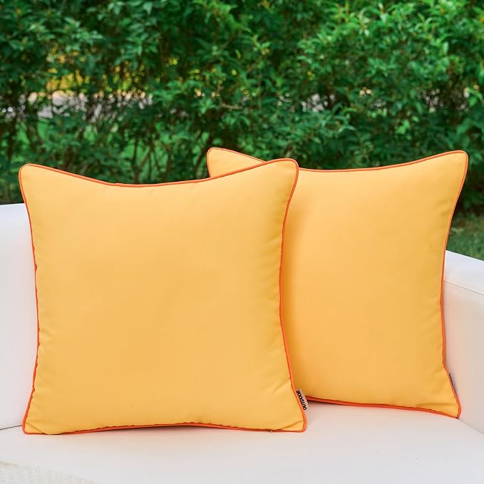 LIGICKY Pack of 2 Yellow Outdoor Waterproof Throw Pillow Covers Decorative Orange Edge Square Pillows Cushion Case Outside Pillowcase for Patio Couch Tent Sunbrella (20x20 inch)