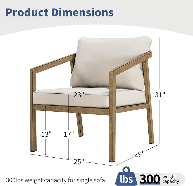 Patio Sofa Chairs Set of 2, Never-Rust Aluminum Outdoor Club Chairs with Washable Thick Cushions, All-Weather Modern Armchair Set for Porch, Deck, Garden, Backyard (Brown+Beige)