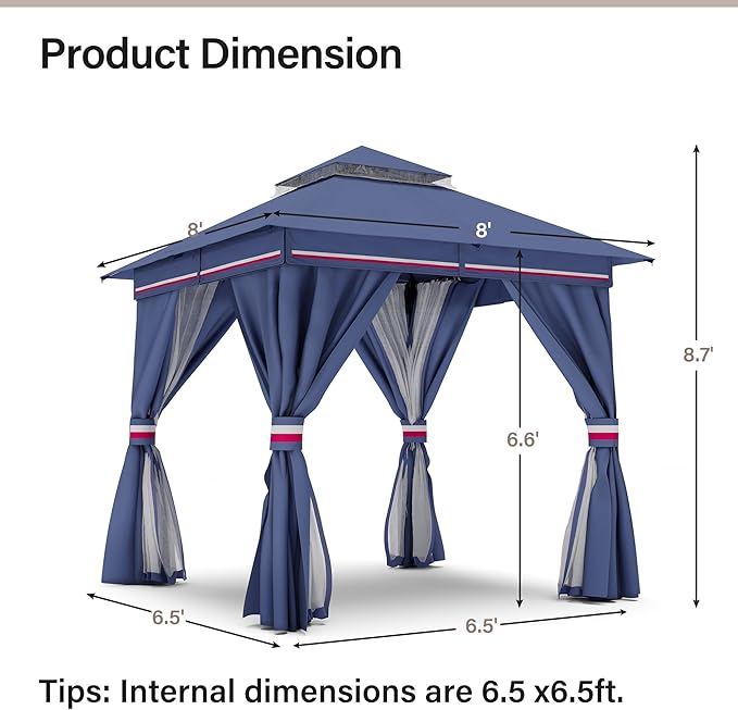 LAUSAINT HOME Patio Gazebo 8'x8', Outdoor Heavy Duty Party Tent Shelter with Double Roofs, Mosquito Nettings and Privacy Screens for Backyard, Garden, Lawn, Classic Blue