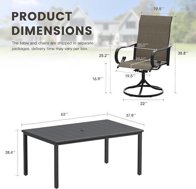 7 Pieces Patio Dining Set, 6 Outdoor Swivel Dining Chairs with 63" Rectangle Metal Outdoor Dining Table with Umbrella Hole for Garden Backyard Deck, Mixed Brown & Black