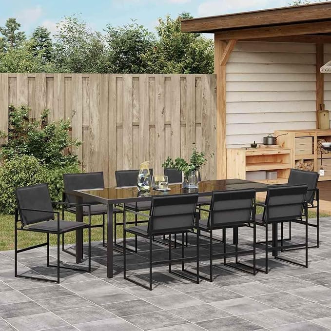 9 Piece Outdoor Dining Set for 8, Modern Patio Furniture with Tempered Glass Table and Textilene Chairs, Black