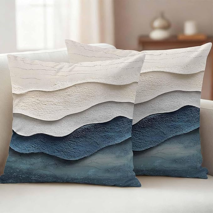 Abstract Waves Beach Art Outdoor Waterproof Throw Pillow Covers Set of 2, 18"x18", Blue Beige Oil Painting Style Decorative Pillow Covers Outside Cushion Case for Patio Porch Garden