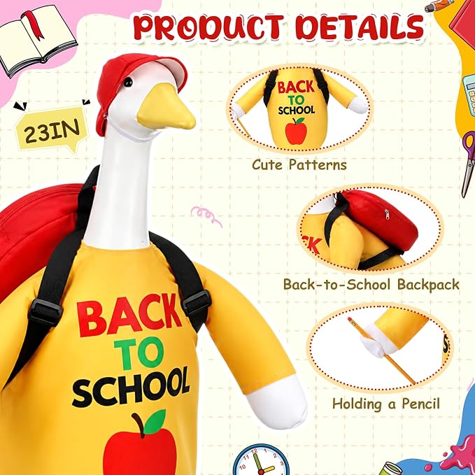 Back to School Porch Goose Outfit Bright Print Goose Costume with Red Cap & Backpack for 23" Gooses Statue First Day of School Decoration Patio Yard Garden Lawn Outdoor Decors