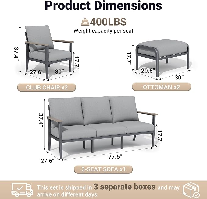 Aluminum Outdoor Patio Furniture Set, 5-Piece Outdoor Sofa with 5.1" Thick Cushions, Outdoor Couch with Ottomans, for Balcony, Porch, Gray