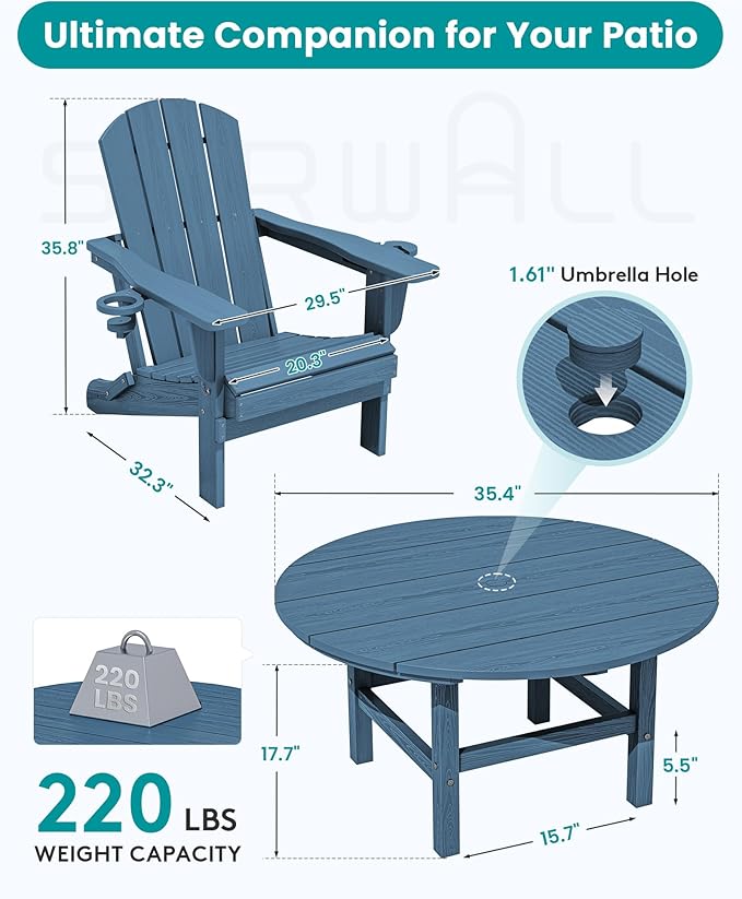 SERWALL 6-Piece Patio Set, 4 Folding Adirondack Chairs with Cup Holders, Round Table & Center Pole Umbrella, HDPE Plastic, Blue