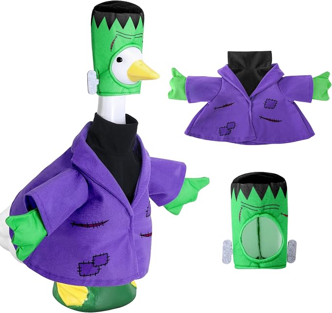 Watayo 2 Pcs/Set Halloween Monster Goose Outfits, Porch Goose Statue Monsters Costume, Purple Lawn Goose Monster Clothes with Hat for 23" Statue Halloween Fall Outdoor Patio Garden Yard Decor