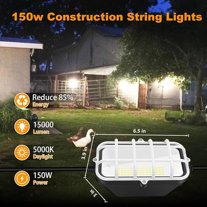 RIUVAO 100ft LED Construction String Lights, 150W 15000LM Waterproof IP67 Led String Work Lights, Construction Temporary Light (100ft-10 Light).
