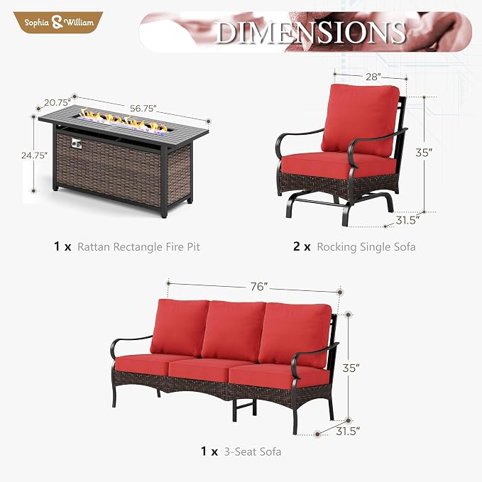 Sophia & William Patio Furniture Set with Fire Pit Table, 4 PCS Metal Outdoor Conversation Set with Fire Pit Table, 2 Sofa Chairs,3-Seater Couch for Outdoor Seating, Backyard, Porch(Red)