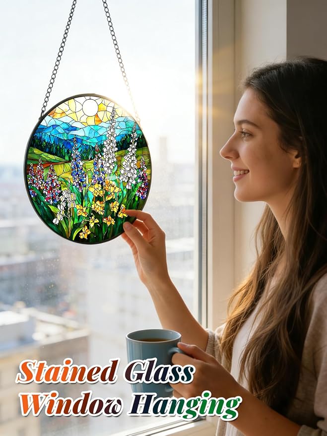 Wildflowers Stained Glass Suncatcher Window Hanging Gifts for Women Men | 7.8in Garden Sun Catcher, Plant Scenery Flower Sunrise Ornament for Door Home, Gift for Mom Grandma & Mother's Day Christmas