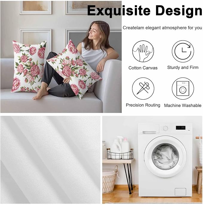 Vandarllin Outdoor Throw Pillows Covers 20x12 inch Set of 2 Waterproof Pink Rose Floral Decorative Zippered Cushion Covers for Patio Furniture, Leaves Flowers Lumbar Pillowcases