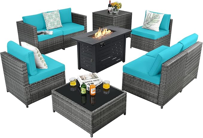Tangkula 9 Pieces Patio Rattan Furniture Set, Patiojoy Sectional Sofa Set w/Storage Box, Coffee Table, Outdoor Wicker Conversation Set w/ 42” ETL Approved Propane Fire Pit Table (Turquoise)