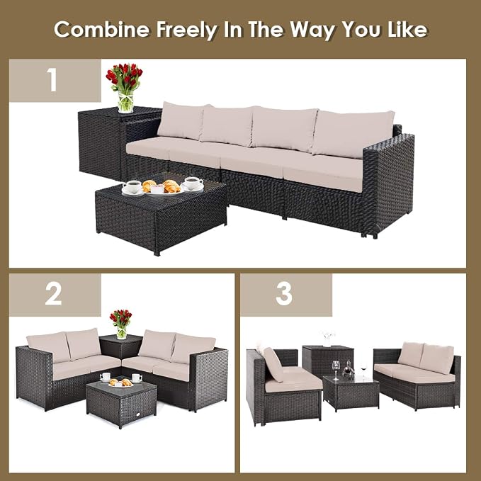 HAPPYGRILL 4PCS Patio Furniture Set Outdoor Rattan Wicker Sofa Set Conversation Set with Cushions & Storage Side Table Coffee Table for Garden Lawn Poolside Backyard