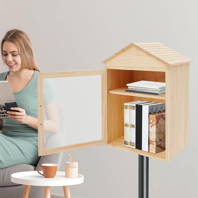 Outdoor Library Box, 15.74x11x23inch Wood Literature Exchange Box DIY Little Wood Cabinet with Shelf for Outside Neighborhoods Community and Schools Sharing Books Literature (Gable Roof)