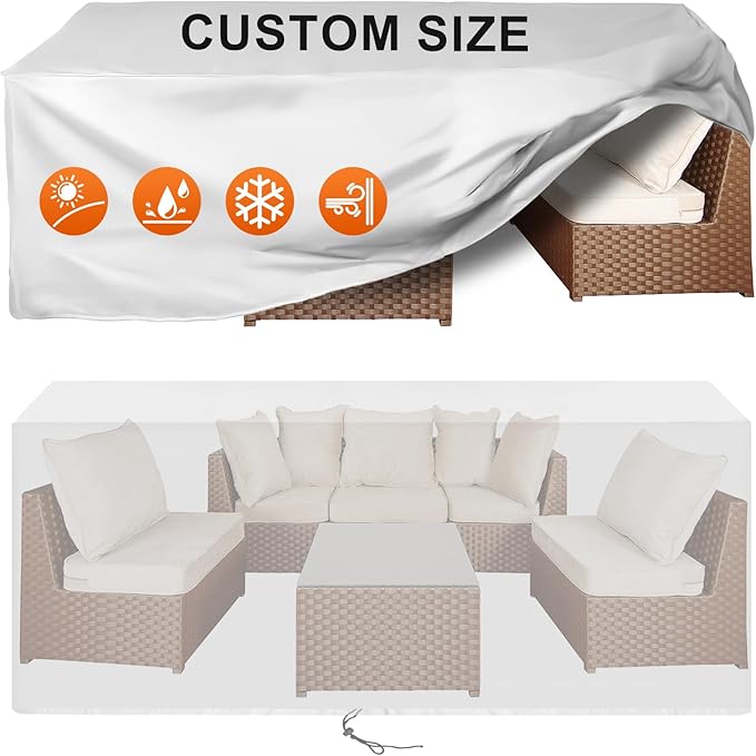 Patio Furniture Cover Rectangle 68"(L) x 48"(W) x 40"(H), Custom Heavy Duty 420D Waterproof Outdoor Cover with Drawstring & Buckles for Table Chair Garden, Silver
