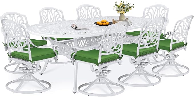 9-Piece Patio Dining Set, Outdoor Patio Table and Chair Set of 84” Oval Cast Aluminum Dining Table with Umbrella Hole, 8 Patio Dining Swivel Chairs Padded, Patio Funiture Set, White
