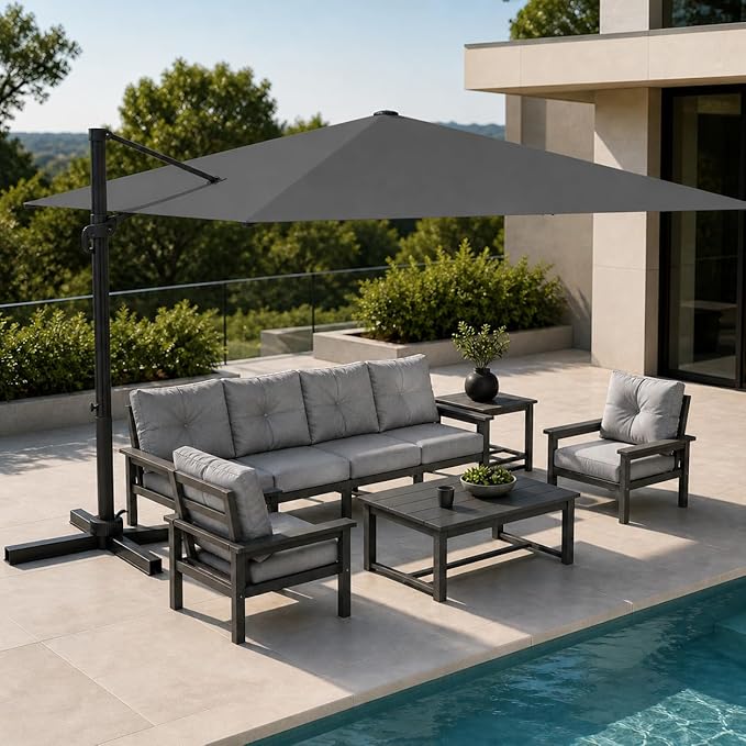 Kingdura 8' X 8' Cantilever Patio Umbrella with Base Included, Large Square Outdoor Offset Umbrella with 360-degree Rotation, 4 Position Tilt, UV Protection for Pool Deck Garden Patio (Grey)