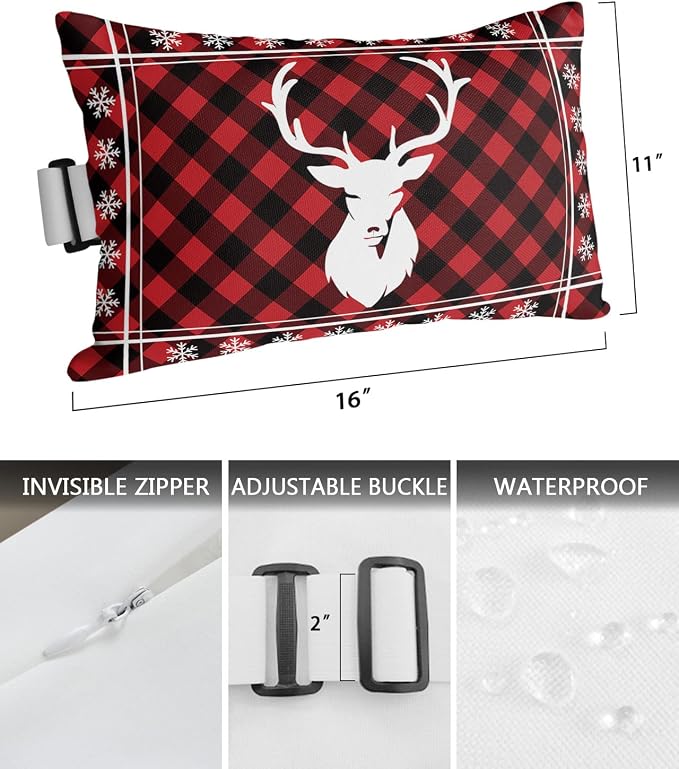 Outdoor Pillows Covers with Inserts Christmas Elk Snowflake Red and Black Plaid Waterproof Recliner Pillow with Adjustable Strap Throw Pillows for Patio Furniture Pool Lounge Chair, 11x16 inch, 1PCS