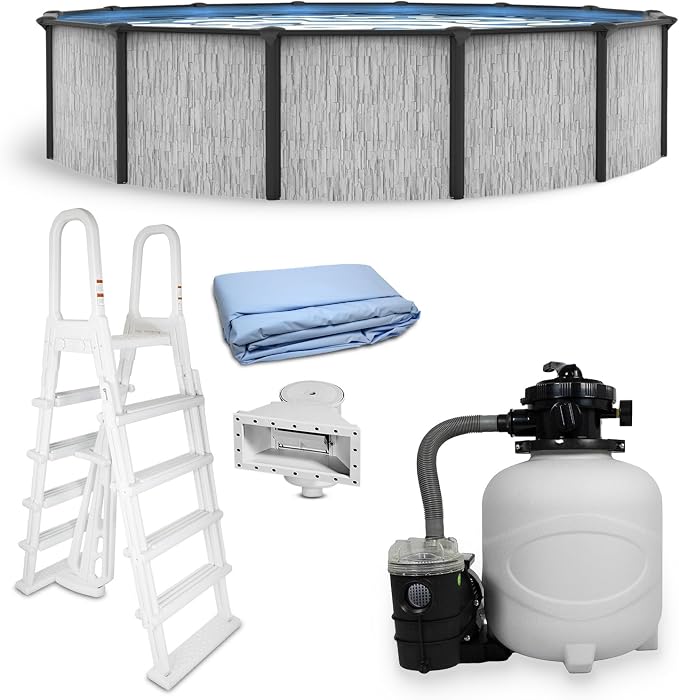 Blue Wave Sevilla 15-ft Round 52-in Deep Hard Sided Steel Frame Above Ground Pool with 6-in Steel Top Seats, 0.5 HP Sand Filter System, Ladder, Skimmer & Liner – 5,130-Gallon Capacity for Family Use