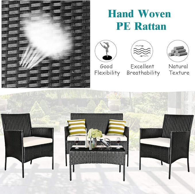 DORTALA Wicker Patio Furniture Set 8 Piece, Rattan Outdoor Table and Chairs Set with Loveseat, Cushions, All Weather Balcony Conversation Sofa Set for Porch, Backyard, Deck, Beige