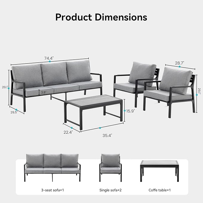 COSIEST Iron-Aluminum Patio Furniture Set, 3-Seat Metal Patio Sofa w Wood-Grain Coffee Table, Weather-Resistant Outdoor Sectional Sofa for Balcony, Porch,Deck