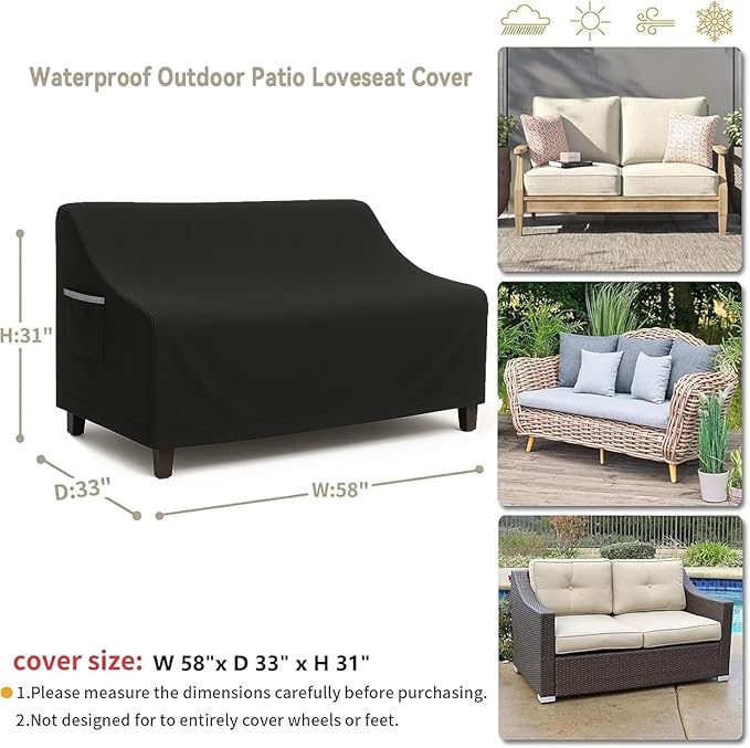 Waterproof Patio Loveseat Cover, 58.3W x 32.7D x 31H inches Heavy Duty 600D Weather-Resistant Outdoor Furniture Protector Black