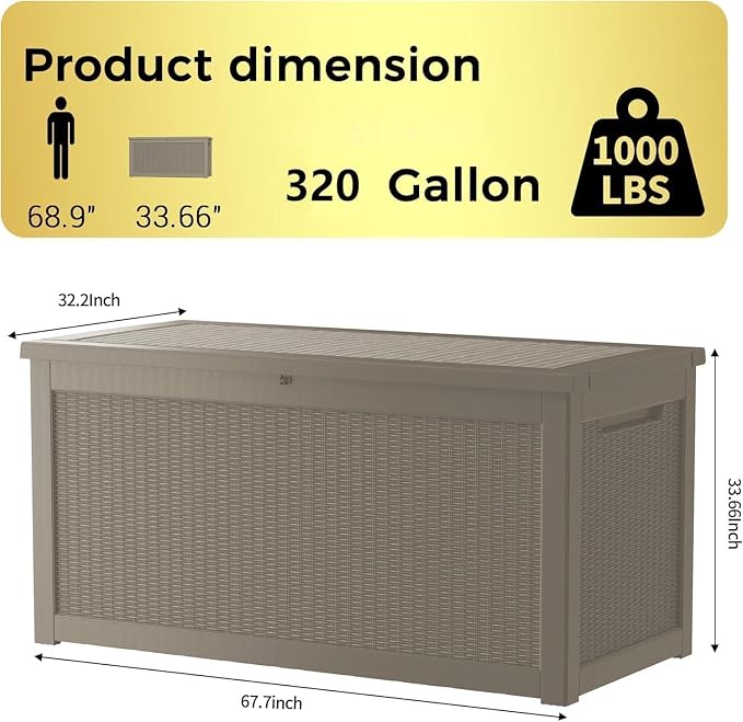 320 Gallon Outdoor Storage Box, Waterproof Resin Deck Box with Lockable Lid Large Storage Bin for Patio Furniture Cushion, Garden Tools, Pool Accessories UV-Resistant Outside Delivery, Gray