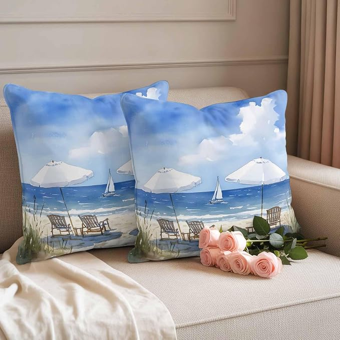 Watercolor Summer Beach Outdoor Waterproof Throw Pillow Covers Set of 2, 18"x18", Sun Umbrella Beach Chair Decorative Pillow Covers Outside Cushion Case for Patio Porch Garden