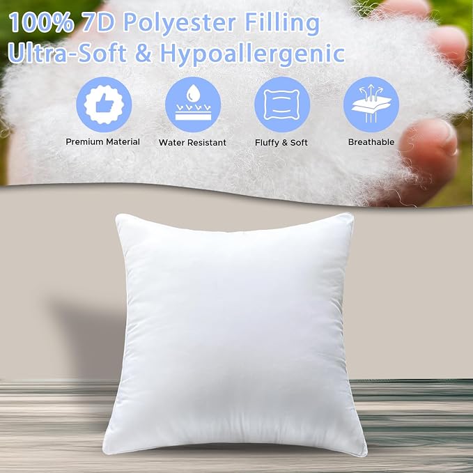 20x20 Waterproof Outdoor Square Pillow Inserts, 4 Pack | Hypoallergenic & machine washable. Soft yet supportive, stays plump. Waterproof protection for patio, sofa, bed, garden.