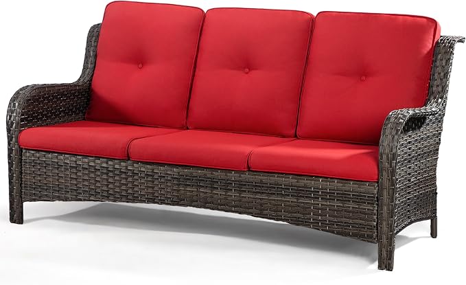 Wicker Patio Furniture Sets 7 Piece Set with One 3-Seat Sofa, 4 WIkcer Chairs, 2 Ottomans, Wicker Outdoor Furniture Set Patio Conversation Set, Red