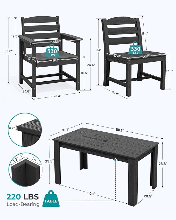SERWALL Outdoor Dining Sets for 6, HDPE Dining Sets with 1 Umbrella Hole Cut-Out Rectangular Table and 4 Armless Chairs and 2 Armchairs, Patio Dining Sets, Black