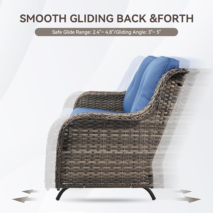 Patio Loveseat Glider Set, Resin Wicker Loveseat Glider with 2 Swivel Patio Chiars Coffee Table and Side Table, 5 Piece Patio Furniture Set Loveseat Set, Grey Wicker|Blue Cushions