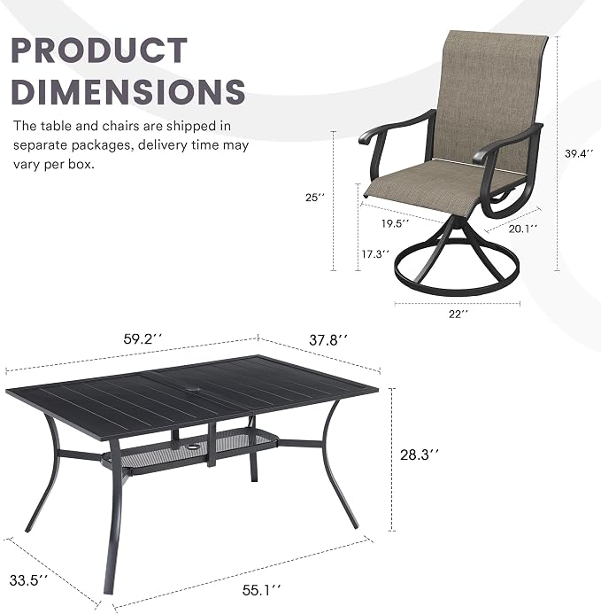 7 Pieces Patio Furniture Dining Set, 6 Textilene Swivel Dining Chairs, 59" Outdoor Rectangular Metal Table with 1.57" Umbrella Hole, Outdoor Dining Set for Porch, Lawn, Garden, Black/Brown