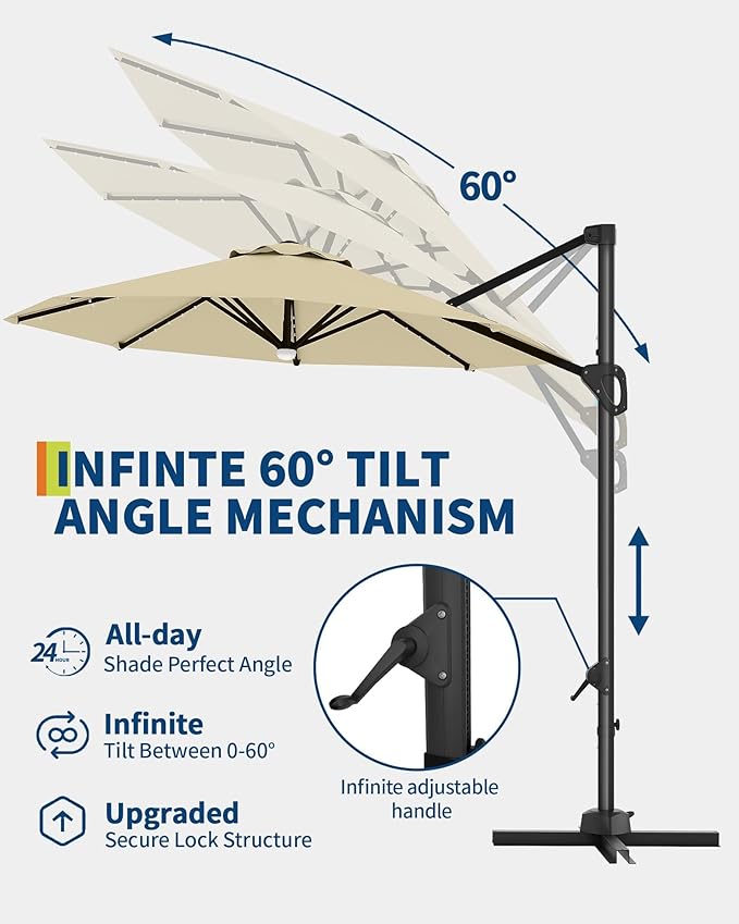 GarveeLife 10FT Patio Umbrella Outdoor Solar LED Large Cantilever Umbrella Market Sun Shade Windproof Offset Umbrella with 360-Degree Rotation for Garden Deck Pool Patio