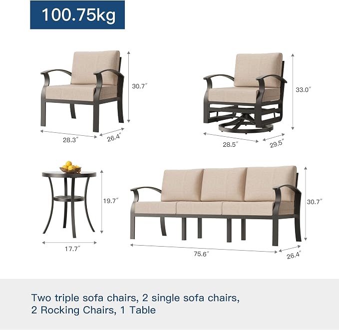 Kullavik Aluminum Patio Furniture Set,8 Piece Modern Metal Outdoor Patio Furniture w/5.1'' Thick Cushion,Swivel Chairs and Rectangular Coffee Table,Patio Conversation Sets for Porch,Deck,Sand