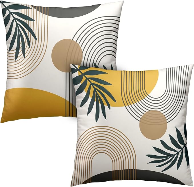 Abstract Boho Pillow Covers 16x16 Set of 2 Mid Century Modern Pillow Covers Green Leaf Design Decorative Throw Pillow Cases Cotton Blend Home Decor for Bed Couch