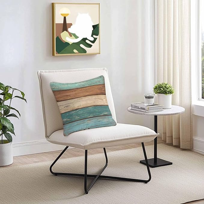 Outdoor Throw Pillows Covers 16X16 Set of 2 Waterproof Teal Turquoise Green Brown Decorative Zippered Cushion Covers for Patio Furniture, Farmhouse Retro Rustic Barn Wood Texture Lumbar Pillowcases