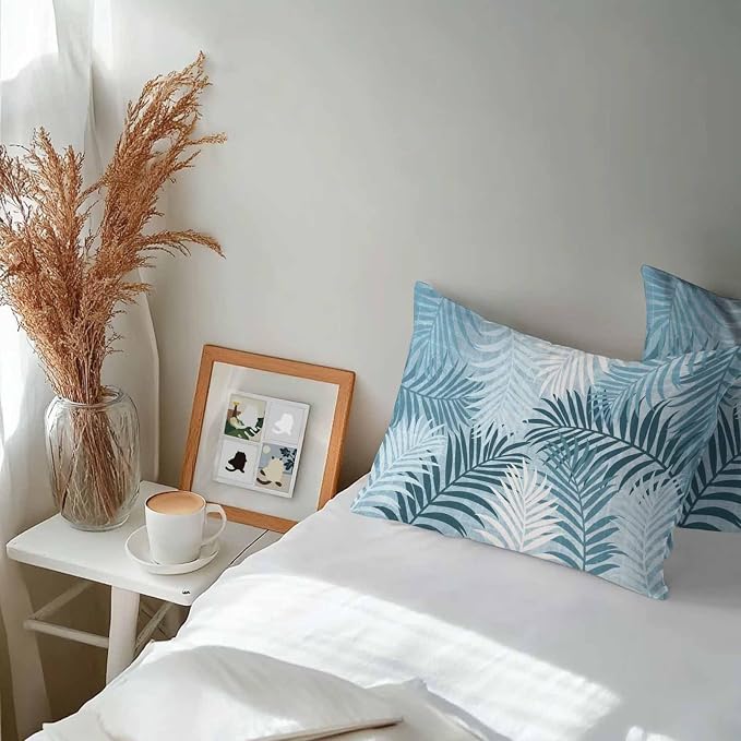 Teal Palm Leaves Waterproof Outdoor Pillow Covers Set of 2 Home Decor, Summer Tropical Leaf Plant Lumbar Pillowcase Patio Pillow Covers for Couch Bench Patio Furniture Garden 20x12in
