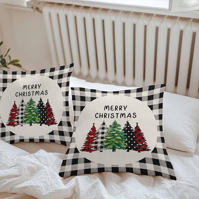 YOKOU Outdoor Throw Pillow Covers, Merry Christmas Tree Geometric Xmas Trees Watercolor Black Plaid Waterproof Pillowcases Cushion Covers Cases for Patio Couch Bench, Pack of 2 Square, 20"X20"