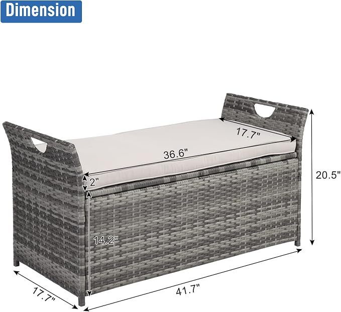 33 Gallon Outdoor Wicker Storage Bench Deck Box,Large PE Rattan Deck Storage Box,Outdoor Indoor Waterproof Storage Box,Patio Wicker Storage Bench,with Cushion,for Garden Balcony Porch Yard (Gray)