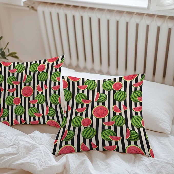Vandarllin Outdoor Throw Pillows Covers 26x26 inch Set of 2 Waterproof Watermelon Decorative Zippered Cushion Covers for Patio Furniture, Summer Fruit Black Stripes Lumbar Pillowcases