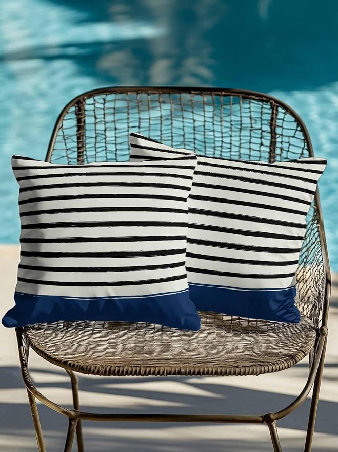 Waterproof Outdoor Pillow Set of 2 Black Stripes Decorative Throw Pillows Cover & Insert 18x18 Inch Pillowcase Navy Blue Striped Lines Square Pillows for Couch Sofa Bed Patio Furniture Indoor Outdoor