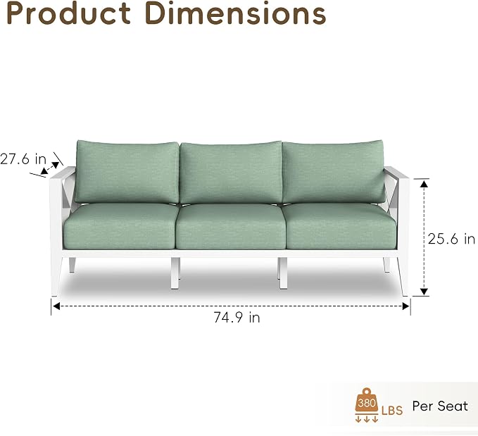 Outdoor Patio Sofa 3 Seat Couch with Cushions, Aluminum Patio Furniture Deep Seating Outdoor Couch for Backyard Deck Garden Conversation Area
