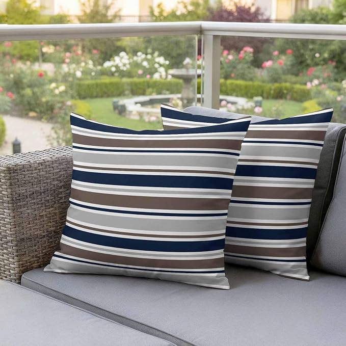 Grey Navy Blue Striped Outdoor Pillow Cover 16x16 Inch Cushion Sham Case, Farmhouse Stripes Modern Abstract Art Waterproof Decorative Square Throw Pillowcase for Outside Garden Patio Porch Couch Chair