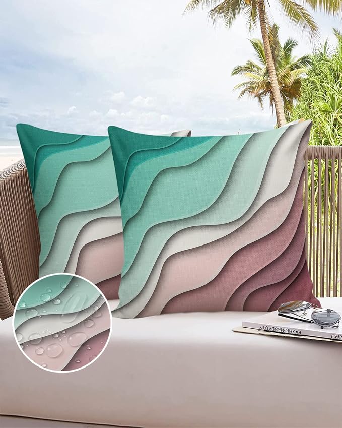 Funy Decor Waterproof Outdoor Throw Pillow Cover Green Modern Geometric Lumbar Pillowcases Set of 2 Abstract Beach Decorative Patio Furniture Pillows for Couch Garden 26 x 26 Inches