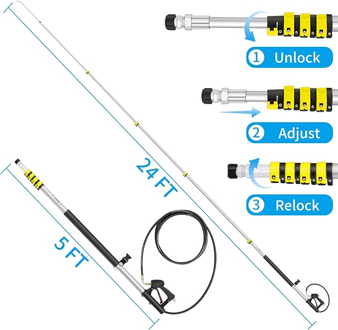 24 FT Telescoping Pressure Washer Wand Extension with Brush Head | Aluminum Power Washer Extension Wand, 7 Nozzle Tips, 3 Adapters & Support Harness, Gutter Cleaning Tools for 2 Story House