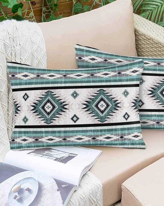 Outdoor Waterproof Throw Pillow Covers Set of 2 Turquoise Boho Aztec Lumbar Pillowcases 20x12 Inches Southwest Tribal Geometric Patio Decorative Pillows Cushion Case Patio Pillows for Couch Bed Garden